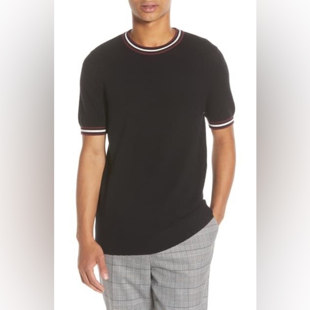 TOPMAN MEN'S BLACK STRIPED TIPPED PIQUE T-SHIRT - SIZE MEDIUM